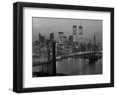 1980s New York City Lower Manhattan Skyline Brooklyn Bridge World Trade Center - Black Framed Art Print Wall Art, 12x9