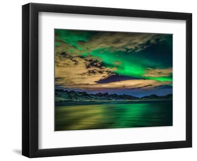 Cloudy Evening with Aurora Borealis or Northern Lights, Kleifarvatn, Iceland - Black Framed Art Print Wall Art, 12x9