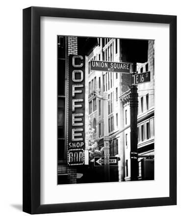 Coffee Shop Bar Sign, Union Square, Manhattan, New York, US, Old Black and White Photography - Black Framed Art Print Wall Art, 9x12