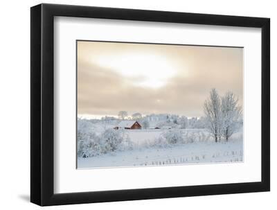 Farm Barn in a Cold Winter Landscape with Snow and Frost - Black Framed Art Print Wall Art, 12x8