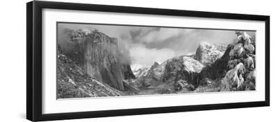 Mountains and Waterfall in Snow, Tunnel View, El Capitan, Half Dome, Bridal Veil - Black Framed Art Print Wall Art, 24x8