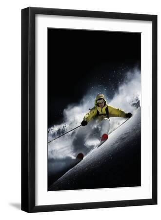 Night Skiier on Les Arcs French Alps - Black Framed Art Print Wall Art, 12x18
