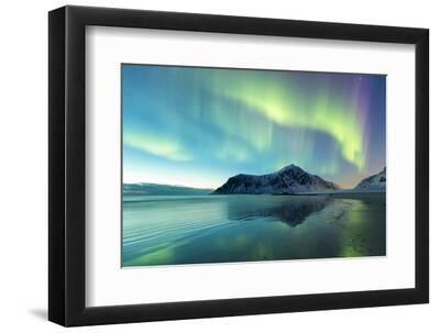 Northern Lights on Skagsanden Norway - Black Framed Art Print Wall Art, 12x8