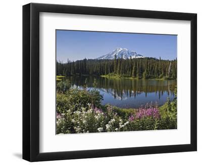 Reflection of Mountain and Trees in Lake, Mt Rainier National Park, Washington State, USA - Black Framed Art Print Wall Art, 12x9