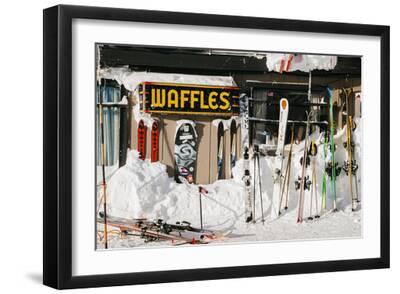 Skis On Walls/Snow Banks Corbet's Cabin Rendezvous Bowl Tramway, Jackson Hole Mt, Teton Village, WY - Black Framed Art Print Wall Art, 18x12