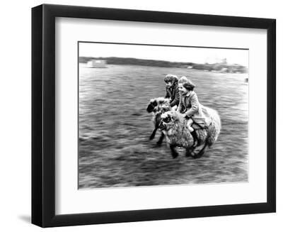 Two Girls Ride a Race on Sheep, England, Great Britain, 1967 (Photo) - Black Framed Art Print Wall Art, 12x9 Two Girls Ride a Race on Sheep, England, Great Britain, 1967 (Photo) - Black Framed Art Print Wall Art, 12x9
