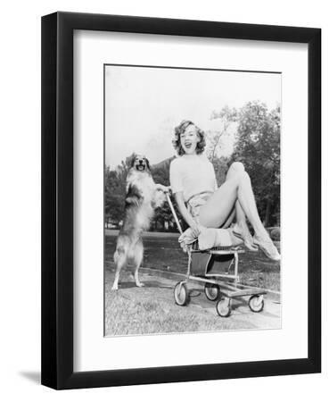 Young Woman and Her Pushy Pet Dog - Black Framed Art Print Wall Art, 9x12